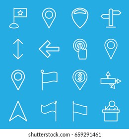 Pointer icons set. set of 16 pointer outline icons such as navigation arrow, touchscreen, flag, direction, arrow, location pin, location, teacher, dollar location