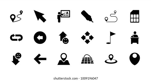 Pointer icons. set of 18 editable filled pointer icons: arrow left, pointer, pen, distance, teacher, move on map, back, gold flag, memory card, map location, back arrow, move