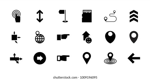 Pointer icons. set of 18 editable filled pointer icons: arrow right, pointing, map location, location, arrow, touchscreen, back, memory card, flag, arrow up, pin on globe