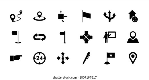 Pointer icons. set of 18 editable filled pointer icons: teacher, pen, arrow, flag, distance, location, 24 hour, pointing, man move, map location, back arrow, move, arrow up