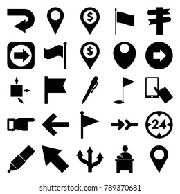 Pointer icons. set of 25 editable filled pointer icons such as arrow right, finger on display, pointing, location, back arrow, pen, direction, arrow, dollar location, flag