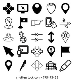 Pointer icons. set of 25 editable filled and outline pointer icons such as pen, dollar location, flag, map location, arrow, finger on display, move, pin on globe, move on map