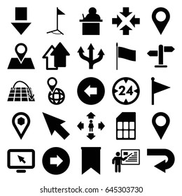 Pointer icons set. set of 25 pointer filled icons such as arrow left, arrow right, man move, pin on globe, location pin, location, flag, teacher, direction, memory card