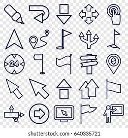 Pointer icons set. set of 25 pointer outline icons such as arrow right, navigation arrow, distance, touchscreen, flag, 24 hour, gold flag, move, teacher, pen, dollar location