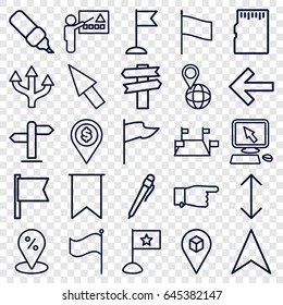 Pointer icons set. set of 25 pointer outline icons such as pointing, flag, navigation arrow, pin on globe, location, direction, arrow, memory card, sale location, pen
