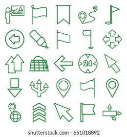 Pointer icons set. set of 25 pointer outline icons such as arrow left, pin on globe, distance, flag, map location, arrow up, location pin, pointer, 24 hour, gold flag, move