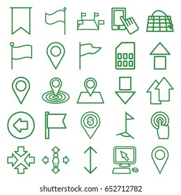 Pointer icons set. set of 25 pointer outline icons such as arrow left, pointer on display, finger on display, man move, map location, location pin, touchscreen, flag, arrow up