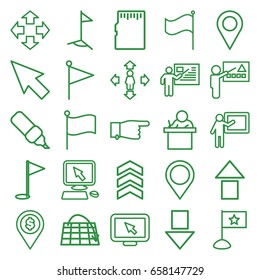 Pointer icons set. set of 25 pointer outline icons such as pointing, man move, flag, map location, teacher, memory card, arrow, gold flag, location, move, pen, dollar location