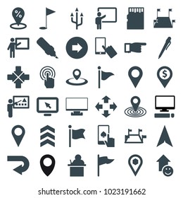 Pointer icons. set of 36 editable filled pointer icons such as arrow right, finger on display, pointing, map location, location, back arrow, move, sale location, teacher, pen