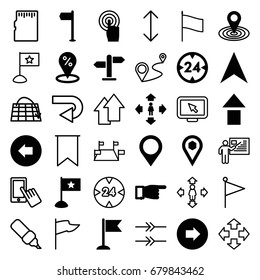 Pointer icons set. set of 36 pointer filled and outline icons such as arrow left, arrow right, pointing, man move, map location, flag, location, touchscreen, direction