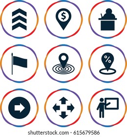 Pointer icons set. set of 9 pointer filled icons such as arrow right, map location, arrow, flag, teacher, move, sale location