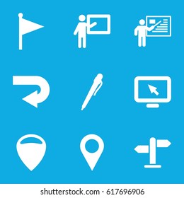 Pointer icons set. set of 9 pointer filled icons such as teacher, direction, location pin, flag, display pointer, location, pen