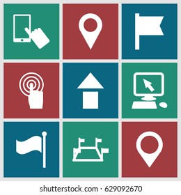 Pointer icons set. set of 9 pointer filled icons such as pointer on display, finger on display, touchscreen, flag, map location, location pin, locations