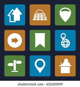 Pointer icons set. set of 9 pointer filled icons such as arrow right, pin on globe, map location, flag, direction, arrow up, move on map, location