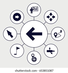 Pointer icons set. set of 9 pointer filled icons such as arrow right, pin on globe, distance, gold flag, teacher, pointer, arrow, move