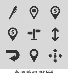 Pointer icons set. set of 9 pointer filled icons such as man move, location, direction, arrow, location pin, dollar location, pen