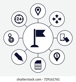 Pointer icons set. set of 9 pointer filled icons such as finger on display, flag, pin on globe, location, memory card, 24 hour, pen, move