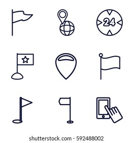 pointer icons set. Set of 9 pointer outline icons such as finger on display, pin on globe, 24 hour, gold flag, flag