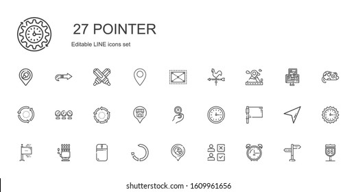 pointer icons set. Collection of pointer with alarm clock, choice, placeholder, reload, mouse, hand, flags, flag, wall clock, repeat, clock. Editable and scalable pointer icons.