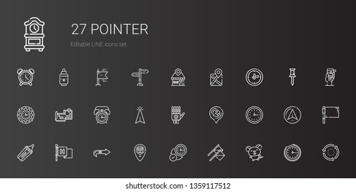 pointer icons set. Collection of pointer with mouse, flags, wall clock, placeholder, next, flag, marker, hand, cursor, alarm clock, maps. Editable and scalable pointer icons.