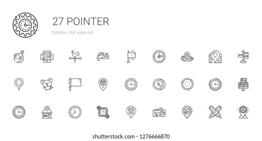 pointer icons set. Collection of pointer with place, gps, placeholder, time, wall clock, repeat, clock, flag, mouse, flags, marker, signpost. Editable and scalable pointer icons.