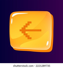Pointer to left side glossy ui button with pixelated icon. Editable 8bit graphic element on shiny square shape. Isolated vector user interface image for web, mobile. Retro style game design