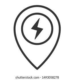 pointer with lightning outline vector icon isolated on white background. charger station location pointer flat icon for web, mobile and user interface design. electric ecological transport concept