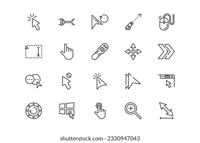 Pointer lines icon set. Pointer genres and attributes. Linear design. Lines with editable stroke. Isolated vector icons.