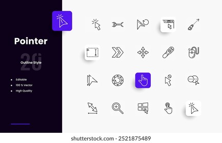 Conjunto de iconos de líneas de puntero. Géneros y atributos de puntero. Diseño lineal. Líneas con trazo editable. Iconos aislados del vector.