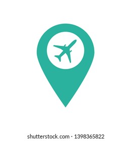 Pointer location airport, plane and travel in flat