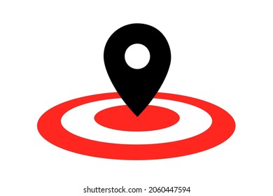 Pointer and location pin is pointing to the center of target - location and final destination, aim, goal and objective. Metaphor of successful achievement and reach of goal. Vector illustration.