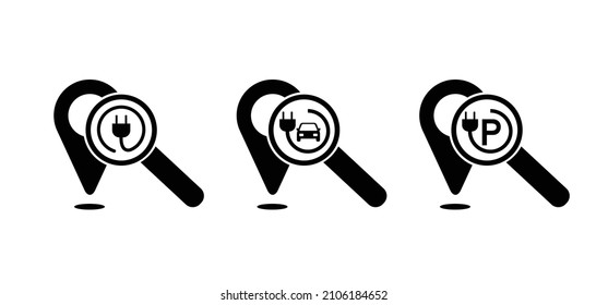 Vidrio puntero y lupa. Punto de carga de carga. Logo del punto de anclaje. Enchufe, icono de ubicación de anclaje o pictograma. Pinpoint, aparcamiento de coches eléctricos. 