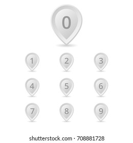 Pointer map with numbers on white isolated background. Vector illustration.