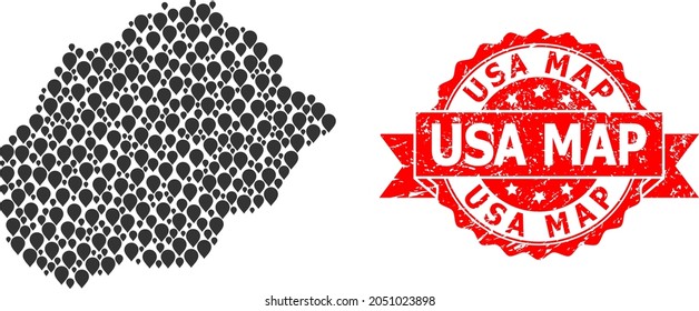 Mapa de mosaico de la isla de Alegranza y sello de cinta rasgada. El sello rojo incluye el título del mapa de EE. UU. dentro de la cinta. Mapa abstracto de la isla de Alegranza se organiza con iconos de navegación aleatorios.