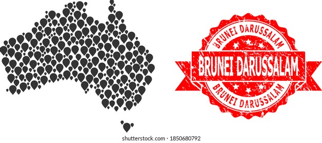 Pointer mosaic map of Australia and scratched ribbon stamp. Red stamp contains Brunei Darussalam title inside ribbon. Abstract map of Australia is created from random pointer items. Abstract scheme.