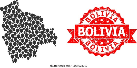 Pointer mosaic map of Bolivia and grunge ribbon stamp. Red stamp includes Bolivia title inside ribbon. Abstract map of Bolivia is formed with random aim items. Abstract plan.