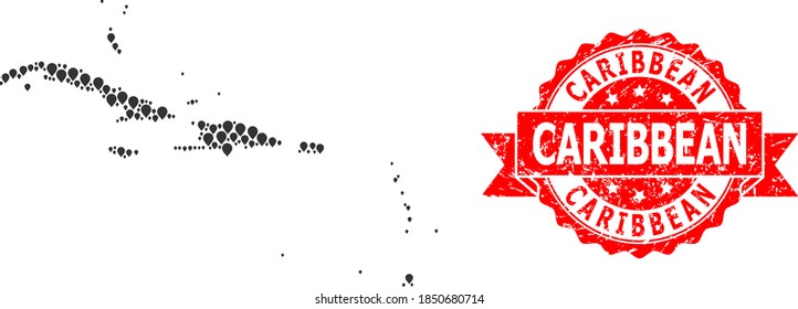 Pointer mosaic map of Caribbean Islands and scratched ribbon stamp. Red stamp seal has Caribbean caption inside ribbon. Abstract map of Caribbean Islands is done with random navigation items.