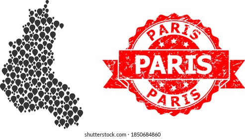 Pointer mosaic map of Champagne Province and grunge ribbon stamp. Red stamp has Paris text inside ribbon. Abstract map of Champagne Province is done of random aim icons. Abstract plan.
