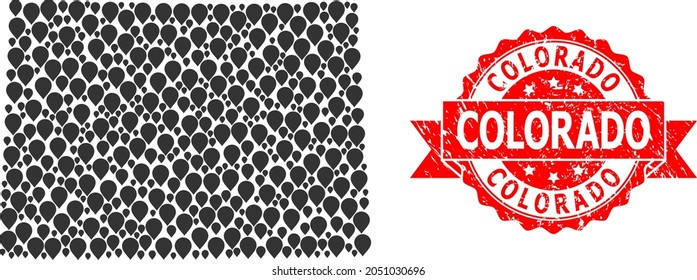Pointer mosaic map of Colorado State and grunge ribbon stamp. Red stamp contains Colorado text inside ribbon. Abstract map of Colorado State is done with randomized mark elements. Abstract scheme.
