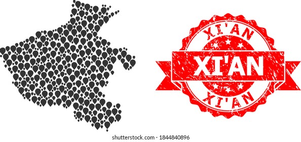 Pointer mosaic map of Henan Province and grunge ribbon seal. Red stamp seal has Xi'An caption inside ribbon. Abstract map of Henan Province is composed from scattered navigation items.