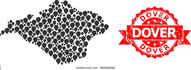 Pointer mosaic map of Isle of Wight and scratched ribbon stamp. Red stamp seal includes Dover tag inside ribbon. Abstract map of Isle of Wight is created with randomized destination symbols.