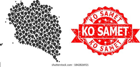 Pointer mosaic map of Ko Pha Ngan and grunge ribbon seal. Red seal contains Ko Samet text inside ribbon. Abstract map of Ko Pha Ngan is created with scattered navigation elements. Abstract scheme.