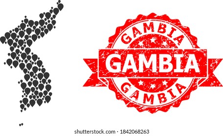 Pointer mosaic map of Korea and grunge ribbon stamp. Red seal contains Gambia tag inside ribbon. Abstract map of Korea is formed from random pointer items. Abstract plan.