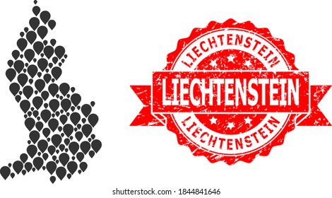 Pointer mosaic map of Liechtenstein and grunge ribbon seal. Red stamp seal includes Liechtenstein text inside ribbon. Abstract map of Liechtenstein is created with randomized destination symbols.
