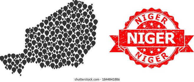 Pointer mosaic map of Niger and grunge ribbon watermark. Red stamp seal contains Niger title inside ribbon. Abstract map of Niger is constructed from scattered pointer elements. Abstract plan.