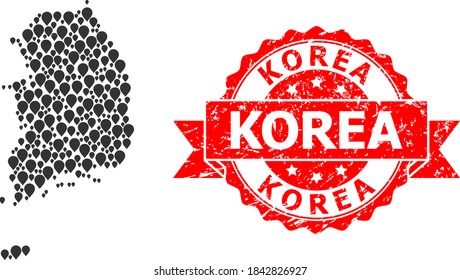 Pointer mosaic map of South Korea and grunge ribbon seal. Red stamp seal includes Korea title inside ribbon. Abstract map of South Korea is organized of random pointer elements. Abstract scheme.