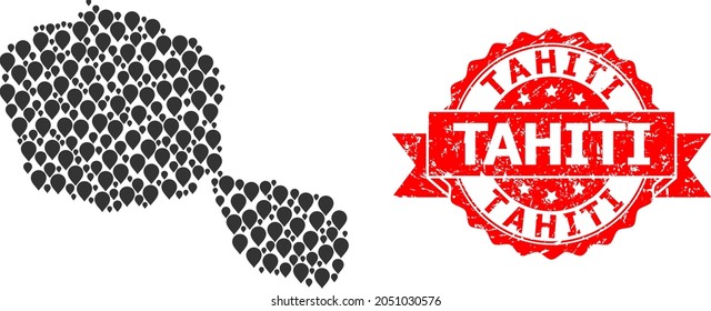 Pointer mosaic map of Tahiti Island and scratched ribbon seal. Red seal has Tahiti caption inside ribbon. Abstract map of Tahiti Island is constructed of random pinpoint items. Abstract plan.