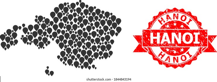 Pointer-mosaik Karte der Provinz Vizcaya und gekratzte Bandmarke. Rote Briefmarke enthält Hanoi-Anhänger im Band. Abstrakte Karte der Provinz Vizcaya ist aus randomisierten Zeiger-Symbole entworfen.