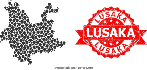Pointer mosaic map of Yunnan Province and grunge ribbon stamp. Red stamp seal contains Lusaka title inside ribbon. Abstract map of Yunnan Province is done from random pointer symbols. Tourism plan.