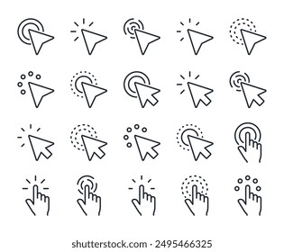 Iconos de contorno de trazo editables de puntero, ratón, Hacer clic, cursor, conjunto aislado en Ilustración vectorial plana de fondo blanco. Píxel perfecto. 64 x 64